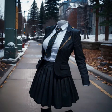 (invisible, no humans, headless, handless, faceless:1.5),cute big breasts, dynamic angle, white shirt, pleated skirt, striped necktie, collared shirt, black jacket, black skirt, long sleeves, school uniform, black socks, sarashina ruka, (close-up to breast...