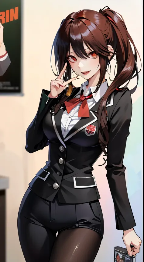 tokisaki kurumi ,brunette color hair，Red pupils fleshy thighs，Poster publicity style，Uniforms，busty figure，C cup，Happy expression