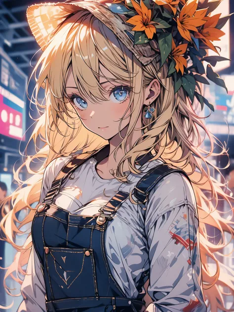 detailed face and skin texture, beautfull woman, medium blonde hair, overalls, fully body