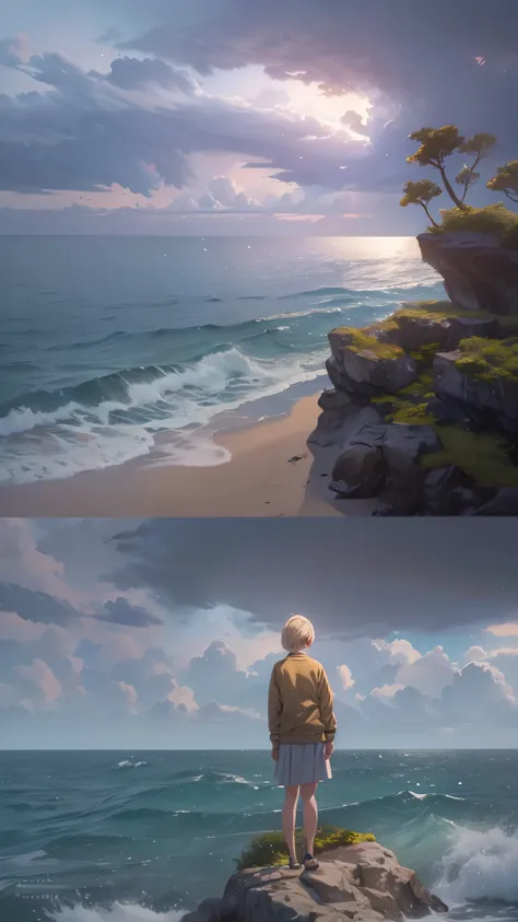 A 20 year old girl with short blonde hair standing alone on a small island in the sea, serene ocean waves, overcast sky, peaceful atmosphere, photorealistic, highly detailed, 8K, (best quality,4k,8k,highres,masterpiece:1.2),ultra-detailed,(realistic,photor...