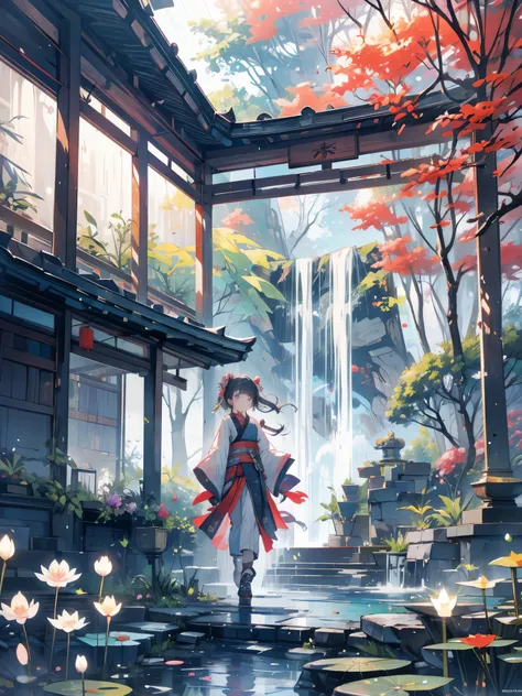 Ancient Chinese 弓itecture, moonligh, Meia-noite, Garden, bamboo, lake, stone bridge, stoneery, 弓, corner, tree, running water, paisaje, open air, waterfall, gram, stone, water lily, hot spring, Steam, (illustration: 1.0), epic composition, realistic lighti...