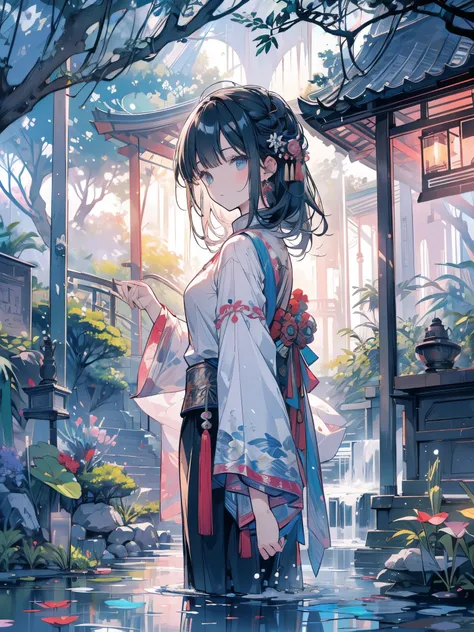 Ancient Chinese 弓itecture, moonligh, Meia-noite, Garden, bamboo, lake, stone bridge, stoneery, 弓, corner, tree, running water, paisaje, open air, waterfall, gram, stone, water lily, hot spring, Steam, (illustration: 1.0), epic composition, realistic lighti...