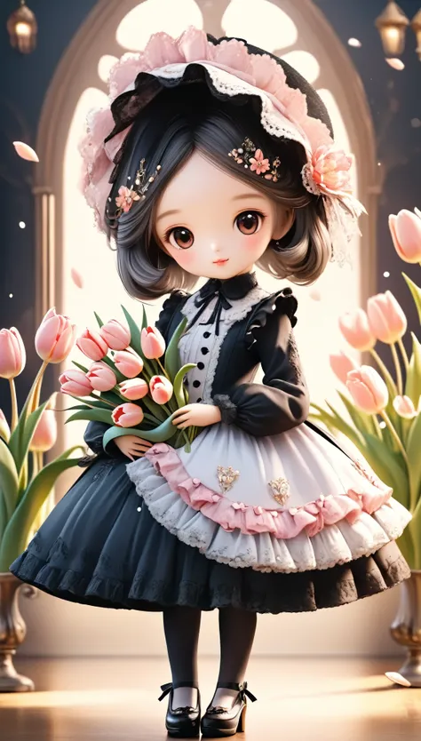 cute princess of tulip kingdom, wearing a pink tulip Gothic & Lolita dress, (elegant pose:1.5),Wearing big tulip hat, full-body shot,(holding tulip bouquet) , Cute and full of elegant expression, Professional Portraits, Super Fine 8K, high resolution, Deta...