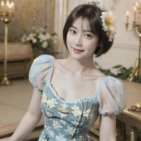 267 (20-year-old princess,Are standing), (Tabletop), ((short hair:1.46)), (chest:1.46), Old-fashioned smile, (Floral Dress:1.46), (Majestic Palace:1.46) 80