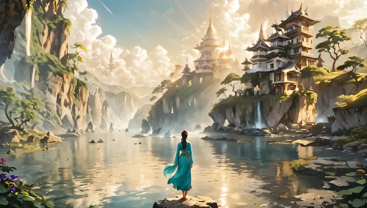 Namaste. Person meditating. Loose Clothes. dreamlike and fantasy world. Feeling of Fullness. details Intricate. cinematic lighting.