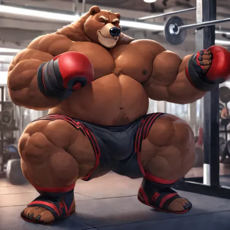 Solo, 1boy, huge muscular kodiak brown bear in big gym fitness center, big smirking, kodiak bear, huge brown fur, thick arms, huge arms, big fists, veins all over arms and chests, bald, big brown mustache and beard, (muscular, pectoral, wide pectoral, thic...