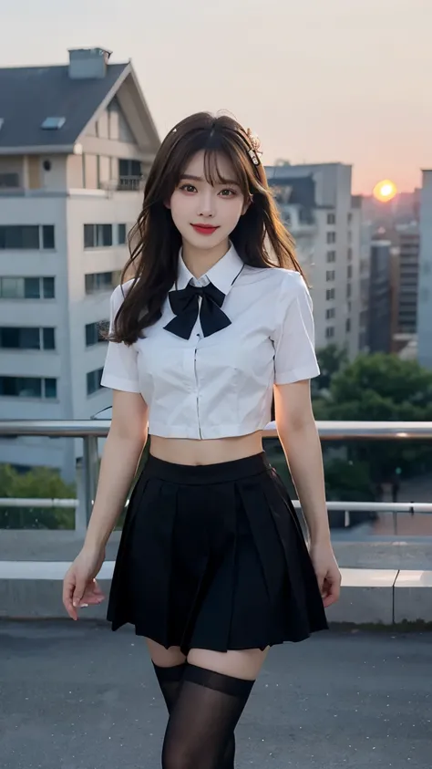 Best quality, Ultra-high resolution, Face Focus(truly:1.6),Cute hairpin,Baoyu girl,1 Girl, Beautiful slim woman:1.4, Abdominal muscles:1.2, (Brown hair,Medium breasts:1.4), shirt:1.1, Rooftop(Depth of Field:16),Sunset,Ultra-thin face,Exquisite eyes,Double ...