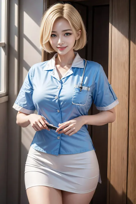 (3 Ultimate Beauty Nurse)、{{{masterpiece}}}， {oh oh oh, Oh, really：1.2}， best quality， Official Art， Highly detailed CG Unity 8k wallpaper， Very rich facial details、Delicate lips、Delicate eyes、Double eyelids、((Blonde Bob hair))、(Nurse:1.3)、(Attractive figu...