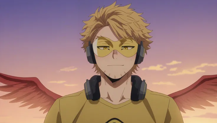 score_9, score_8_up, score_7_up, source_anime, rating_safe, intricate details, anime screencap, anime coloring, official style, , , 1boy, solo, male focus, keigo_takami, blonde hair, yellow eyes, medium hair, stubble, wings, feathered wings, red wings, tin...