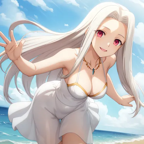 Irisviel,swimsuit,solo,looking at viewer,beautiful smile,arm at side,middle size of breast,beautiful necklace,hands up with smile, 