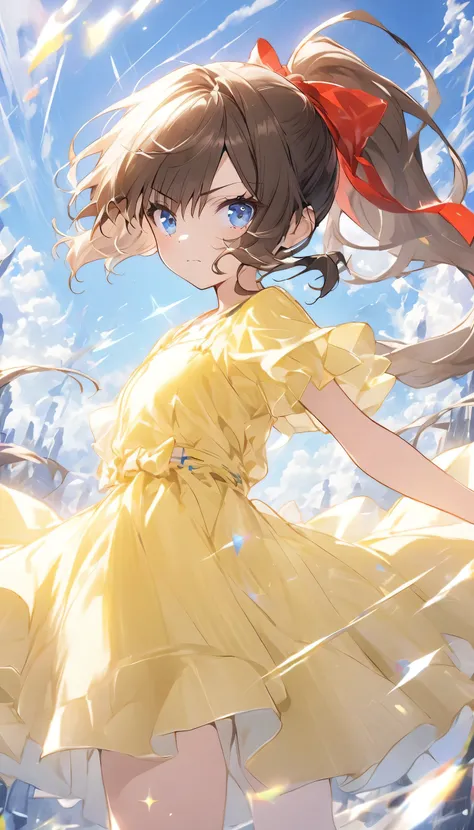 1girl (1.0), standing (0.8), blue sky (1.0), yellow dress (0.9), long brown hair (0.8), ponytail (0.8), red ribbon (0.7), blue eyes (0.8), serious expression (0.7), sparkles (0.6), dynamic pose (0.8), detailed background (0.7), wind blowing (0.8)
