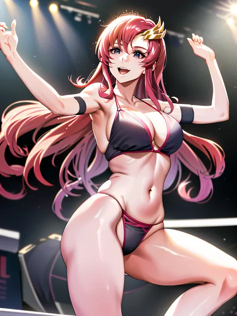 Armpit Show,(Tabletop, 4K, Highest quality, anime style: 1.9, (alone), expensive色彩彩度, (Wrestling ring background, Wrestling Stage), Detailed face, expensive, Adult female, cute, (White Background), High resolution, anime, Lacus 4. (White micro bikini with ...