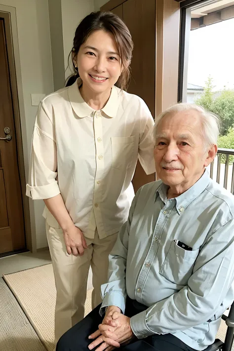 Highest quality、4K、(((A smiling woman visiting an elderly man at his home)))、Japanese House、The entrance is the background、The old man is sitting on the porch、Smiling woman standing、The woman is looking at the old man