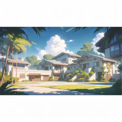 There is a photo of a house with many windows, studio glibly Shinkai Makoto, Anime Landscape Concept Art, Ross Chen. Landscape background, style of Shinkai Makoto, Shinkai Makoto. — 2160 hours, in style of Shinkai Makoto, ( ( Shinkai Makoto ) )