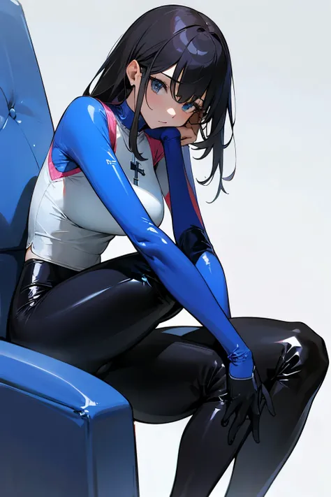 A woman wears high heels、Sports vest、Latex leggings sitting cross legged