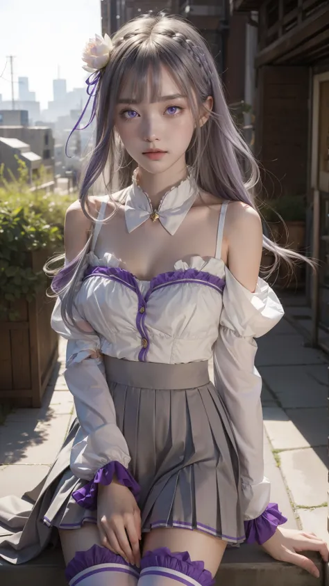 rezeroEmilia, Emilia, Braiding, crown Braiding, flower, hair flower, hair ornaments, hair ribbon, Long Hair, Pointed Ears, (Purple eyes:1.2), Gray Hair, x hair ornaments,
break detached collar, Removable sleeves, Frills袖, Frills, Long sleeve, miniskirt, pl...