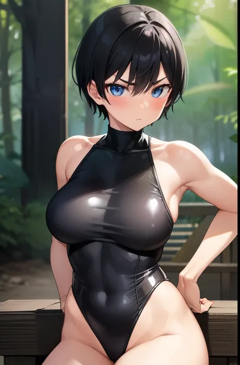 boyish,Very short hair,Black Hair,Large Breasts,Black leotard,High Leg,blush,Serious face,blue eyes,front leg pose,Tight fit,clearly,Striped pattern,forest,Asian Squat,Right behind,back,Butt,Cowboy Shot,