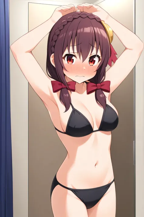 alone, One girl, Yunyun、blush , Crown braids of the same color as your hair, Red Eyes、hair ornaments, Hair Ribbon, (Black Bikini)、Dressing room、(Embarrassed look:1.5)、The whole body is visible、Pose with arms raised