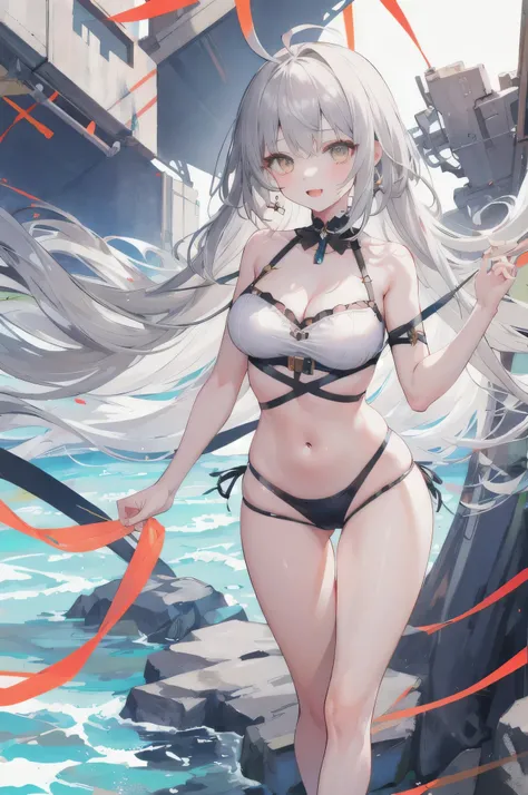 ((masterpiece, Highest quality)), (One Girl), (alone), (Focus on women), (Ahoge, Gray Hair, Very long hair), Golden Eyes, A light smile, Open your mouth,Swimwear,piece , Are standing, 