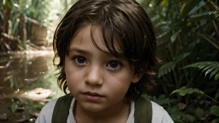 medium shot body a boy small child, around 7 years old, with wide, curious eyes and tousled hair. The childs face shows a mix of awe and fear, reflecting the beauty of the jungle and their worry about being lost.