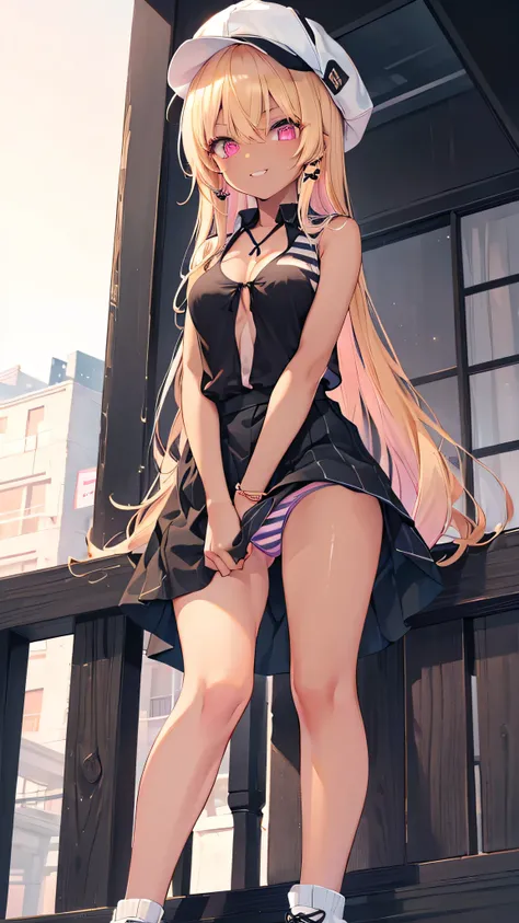 1girl, (Angle from below)、((On the balcony)), The girl bends forward to show off her breasts、legs apart, (Blonde), (Tanned shiny black skin:1.4)、Glowing Eyes, ((evil grin)), (5 years old girl), Multicolored Hair、Cap, pink rip, ((((Long sleeveless shirt)), ...