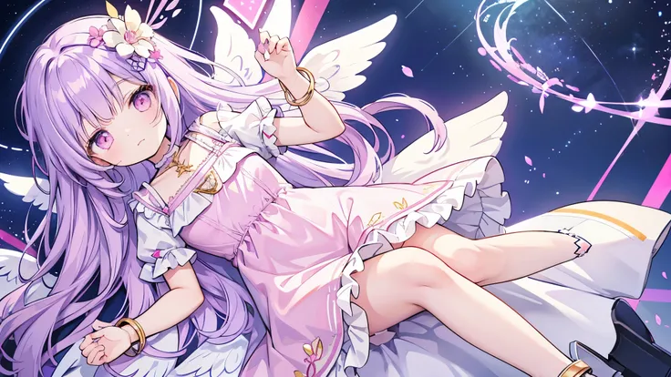 one wings valkyrie,Long purple hair, flower hair ornament, rainbow-colored bangles, pink eyes, lolita dress, starry night,loli,Angel Halo