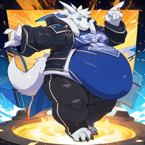 fat drum bunker dragon, overweight, wearing short jeans and a fluffy jacket, tight clothes, fat belly, big belly, round belly, b...