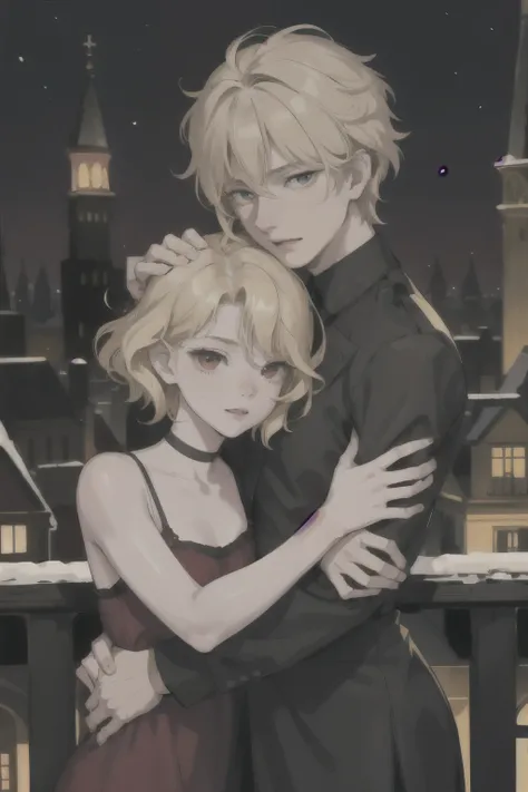 human Male 16 years old ,  Caucasian skin,Haircut falling on the face, hair blonde, hugging a 16 year old girl, skin black, curly hair, maroon, wearing a yellow dress in the background a city full of illuminated houses, the night.