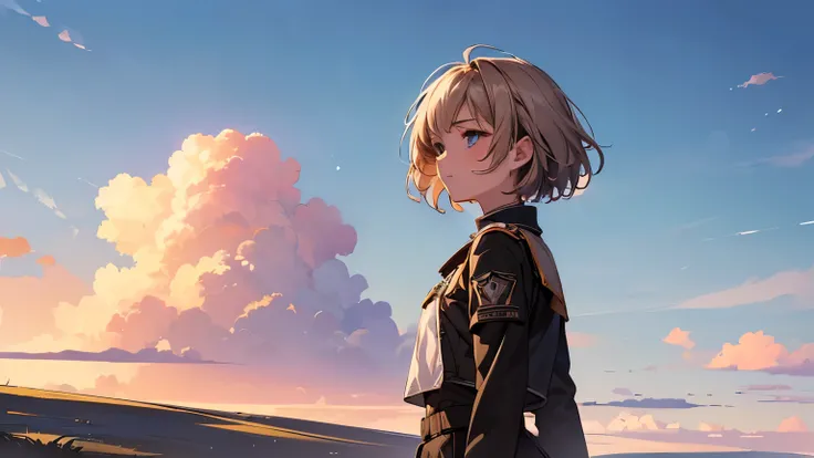 (Excellent: 1.2), (Highest Quality: 1.2), (Ultra Detailed: 1.2), (A girl on a plateau looking into the distance, short hair, uniform), (High sky, grassland, nothing around, summer clouds, horizon), (perfect shading, very detailed CG, masterpiece)