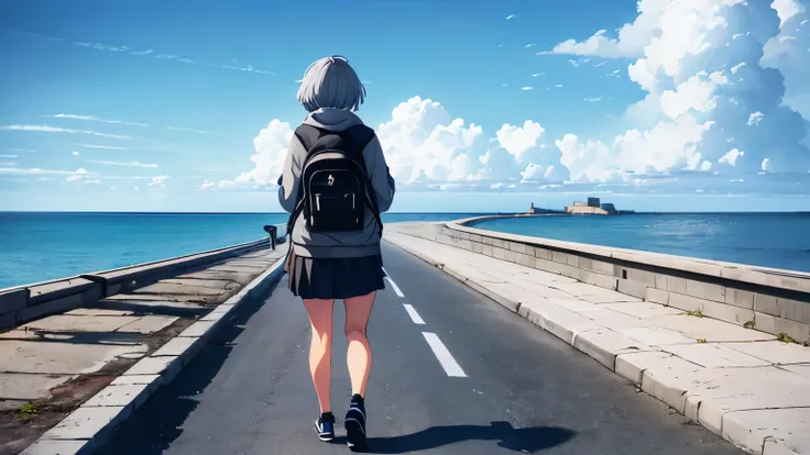 (Excellent: 1.2), (Best Quality: 1.2), (Super Detail: 1.2), (A girl standing on a breakwater, full body, hoodie, short grey hair, backpack, hip hop style, with her back turned towards us), (Road by the sea, summer sky, cumulonimbus clouds, sea, breakwater)...