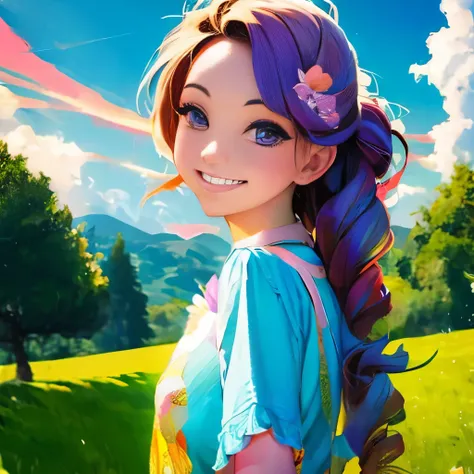 masterpiece, best quality, spring outfit, colorful hair,  outdoor,cloud ,upper body,