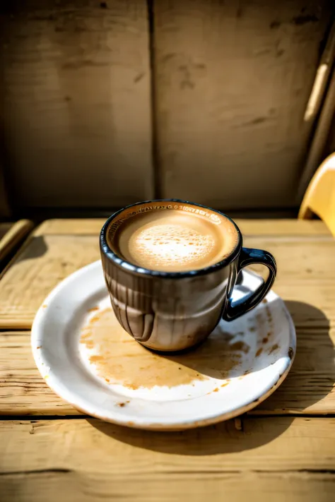 a cup of coffee in the center of the image, on a table. In the background, various foods and a sunny environment, front image, high sharpness, realistic 4k, chic, modern environment.