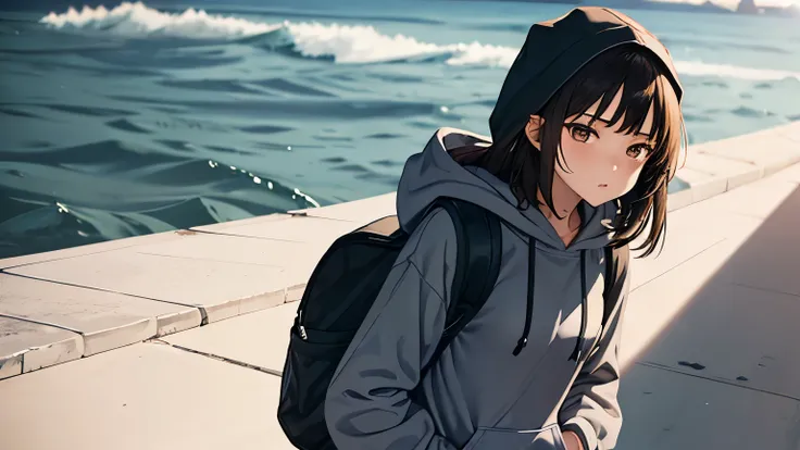 (upper body), (A girl standing on a breakwater, brunette, medium-length hair, gray hoodie, black backpack, purple basketball shoes), (Road along the sea, nothing around)