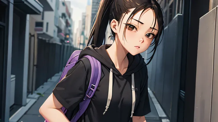 (Girl standing in an alley, brunette, medium hair, ponytail, gray hoodie, black backpack, purple basketball shoes), (Upper body), (After the rain, skyscrapers)