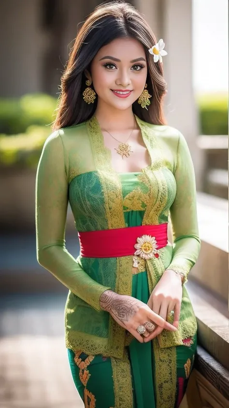 8k portrait of beautiful cyborg with brown hair, ((smiling)), ((tattoos)), photography, portrait of gadis_jelita wearing kebaya_bali in green_kebaya_bali, red lipstick, detail, flowers, blurry background, soft focus, (masterpiece, sidelighting, finely deta...