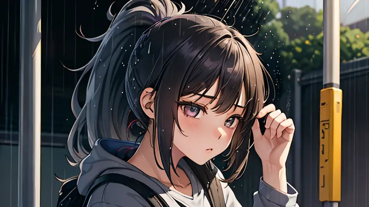 (A girl taking shelter from the rain at a bus stop, brunette, medium hair, ponytail, gray hoodie, long sleeves, black backpack, purple basketball shoes), (Upper body), (Summer, evening shower, country road, no one around,)