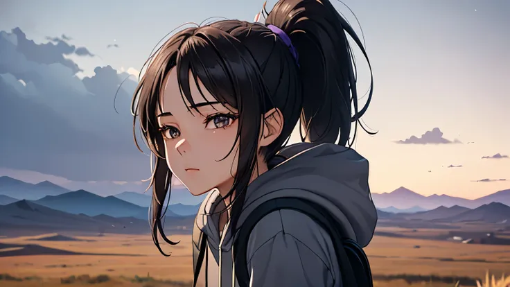 (Excellent: 1.2), (Highest Quality: 1.2), (Super Detailed: 1.2), (A girl gazing into the distance on a plateau, brunette, medium hair, ponytail, grey hoodie, long sleeves, black backpack, purple basketball shoes), (High sky, grassland, nothing around, summ...