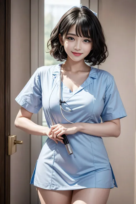 (3 Ultimate Beauty Nurse)、{{{masterpiece}}}， {oh oh oh, Oh, really：1.2}， best quality， Official Art， Highly detailed CG Unity 8k wallpaper， Very rich facial details、Delicate lips、Delicate eyes、Double eyelids、((Black curly bob))、(Nurse:1.3)、(Attractive figu...