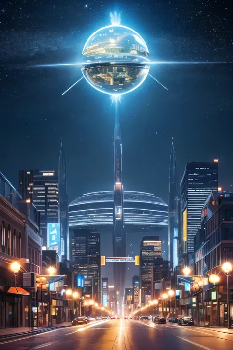 High resolution, high quality, Ultra high definition, Illustration effect for posters and magazines, Future cityscape, Streetscape, Huge transparent dome, Flying Car, Robots and AI, Starry sky and spaceship, Night view,Fantastic fantasy art, In town