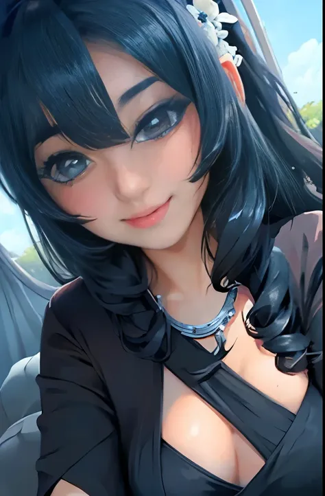 masterpiece, best quality, 1girl, solo, ((mature female)), round pupils, long hair, hair, princess, black dress, fantasy, happy, looking at viewer, cartoon, anime, (oil painting)