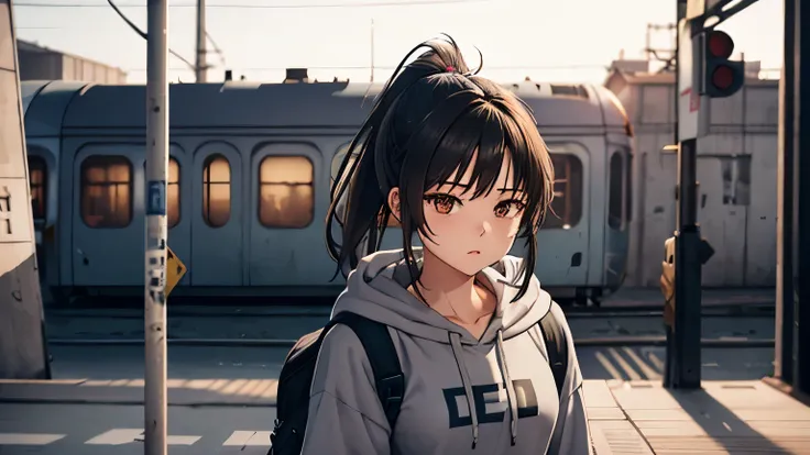 (Girl standing at an abandoned train station, brunette, medium hair, ponytail, gray hoodie, black backpack, purple basketball shoes), (Upper body), (Seaside station)