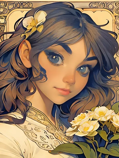 An ultrafine detailed watercolor painting of a gorgeous woman with flowers in her hair, in the style of Alphonse Maria Mucha and Gustav Kilmt, art nouveau accents, fairy princess, anthropomorphic female, female figure, detailed cover artwork, as the goddes...