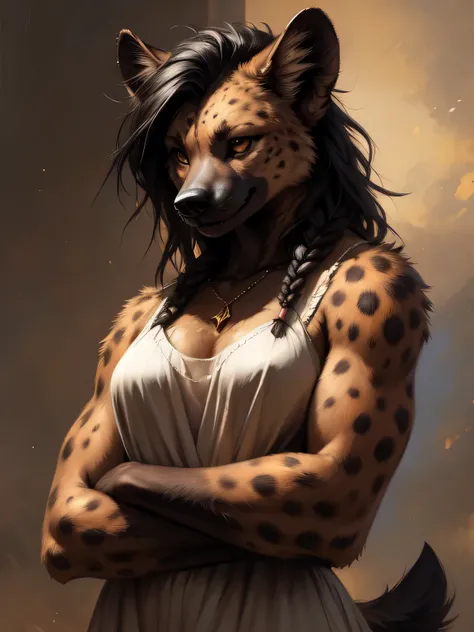 by kenket, by personalami, by hibbary, by totesfleisch8, by red-izak, by himeragoldtail, by darkgem, by thebigslick, by twinkle-sez, realistic, hyper realistic, a female anthro furry hyena girl, black hair, braided black hair, hyena spots, black hands and ...