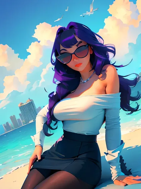 masterpiece, best quality,kfk, 1girl, bangs, bare_shoulders, skirt, breasts, gloves, jewelry, large_breasts, long_hair, long_sleeves, pantyhose, purple_eyes, purple_hair, shirt, solo,viewer,sunglasses,bikini, (sun, cloud,renaissance city around water,outdo...