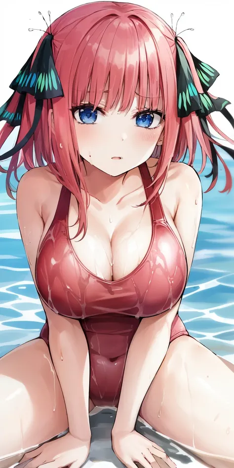 (Highest quality:1.3), Nakano Nino, Pink Hair, Butterfly Hair Ornament, Huge breasts, Cleavage, One piece swimsuit, (Soaking wet:1.3), swimming pool, (throw)