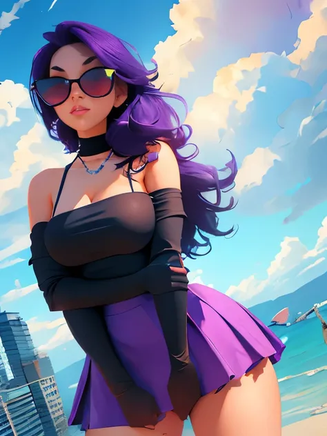 masterpiece, best quality,kfk, 1girl, bangs, bare_shoulders, skirt, breasts, gloves, jewelry, large_breasts, long_hair, long_sleeves, pantyhose, purple_eyes, purple_hair, shirt, solo,viewer,sunglasses,bikini, (sun, cloud,renaissance city around water,outdo...