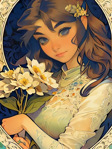 An ultrafine detailed watercolor painting of a gorgeous woman with flowers in her hair, in the style of Alphonse Maria Mucha and Gustav Kilmt, art nouveau accents, fairy princess, anthropomorphic female, female figure, detailed cover artwork, as the goddes...