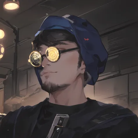 there is a man wearing a hat and glasses with a stuffed animal, with a weird hat, discord profile picture, wearing a silly hat, he is wearing a hat, wearing a cute hat, he wears an eyepatch, inspired by Junpei Satoh, halfbody headshot, wearing an eyepatch,...