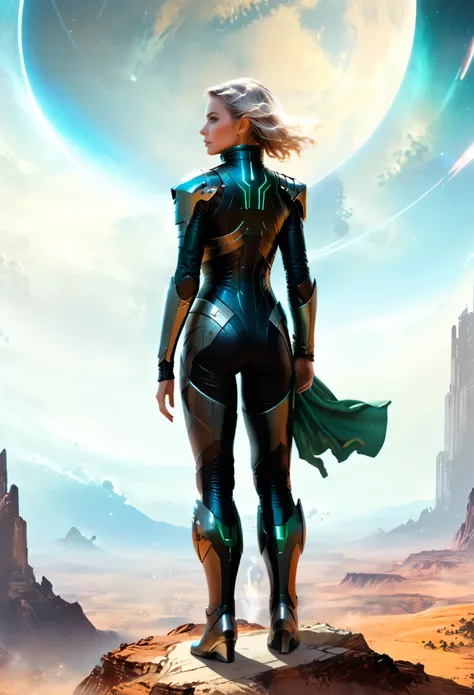 space woman standing on the edge of horizon looking at the view and viewer, sci fi art style of the masters,