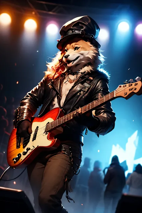 Numerous award-winning masterpieces of，best qualtiy，Highest high resolution，Official fine art，trends in art station，On a flickering stage，Intense lights cast dazzling light。Music fills the air，The twisted sound of the guitar instantly ignited the passion o...